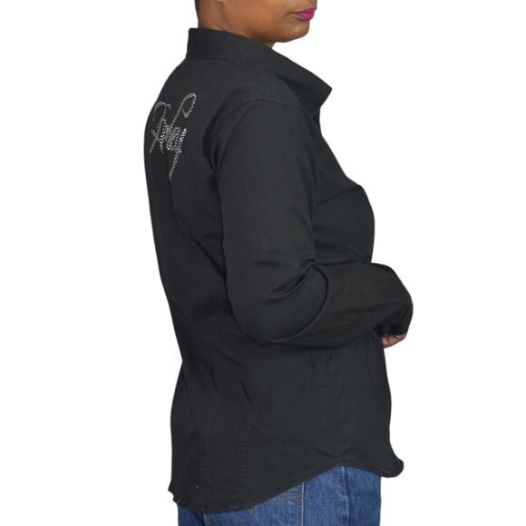 Harley Davidson Zip Shirt Black Motorcycle Crystals Rhinestone Bedazzled Large - Picture 4 of 16